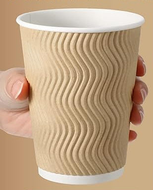 100 Count 12 oz Brown Ripple Coffee Cups with Black Lids & Black Straws