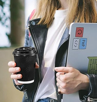 100 Count 12 oz Black Ripple Coffee Cups with Black Lids & Black Straws