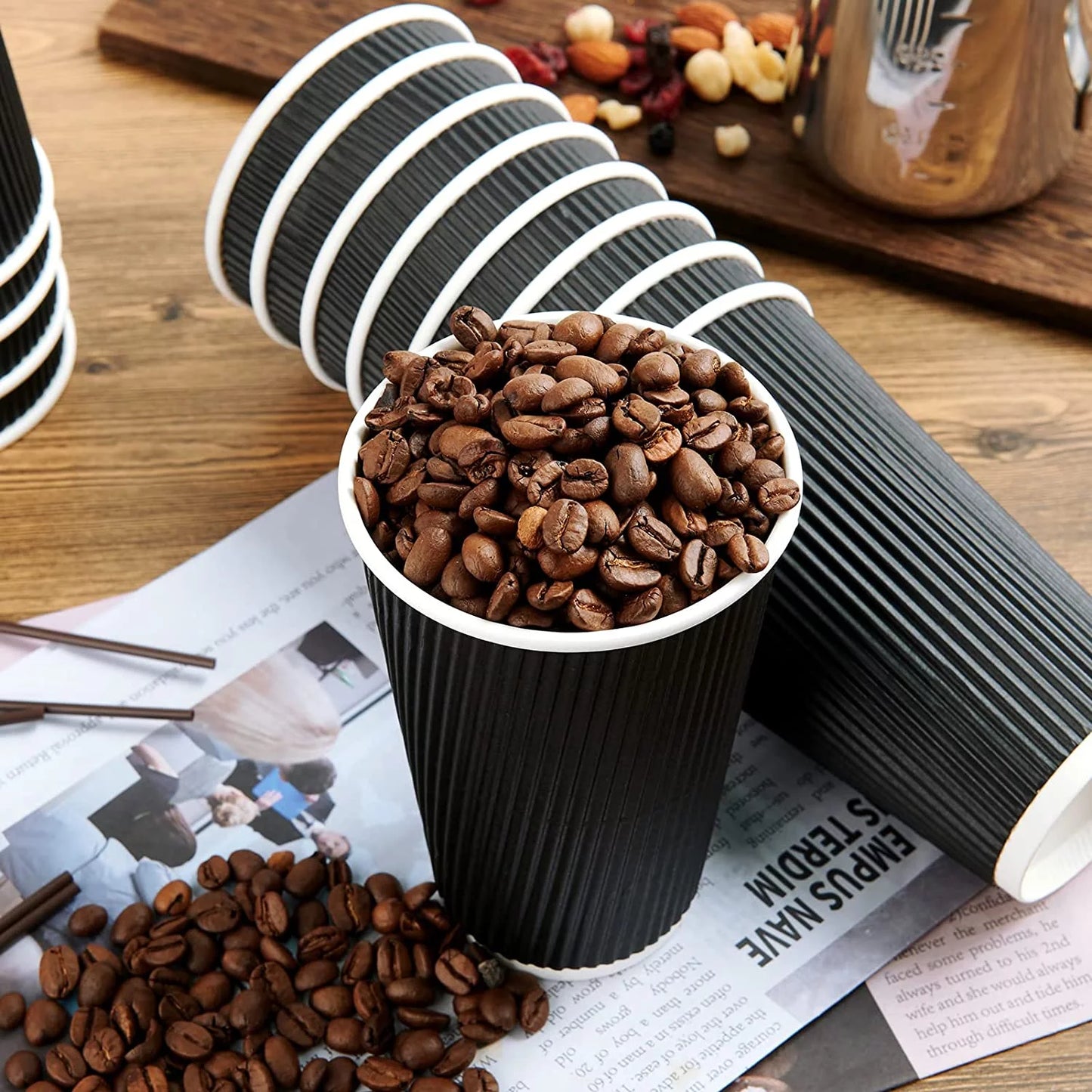 100 Count 12 oz Black Ripple Coffee Cups with Black Lids & Black Straws