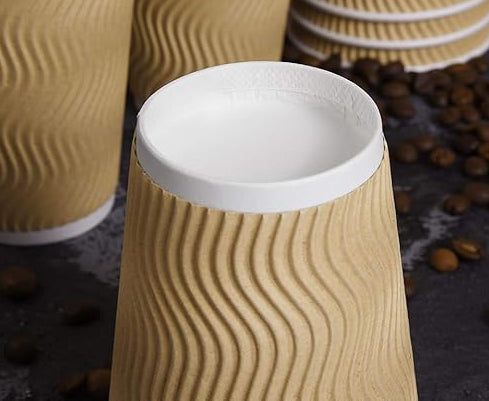 100 Count 12 oz Brown Ripple Coffee Cups with Black Lids & Black Straws