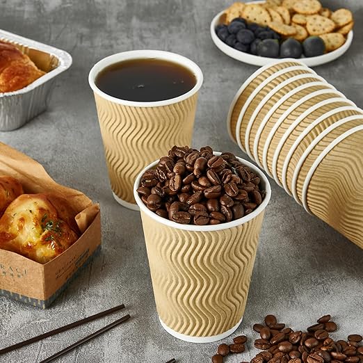 100 Count 12 oz Brown Ripple Coffee Cups with Black Lids & Black Straws