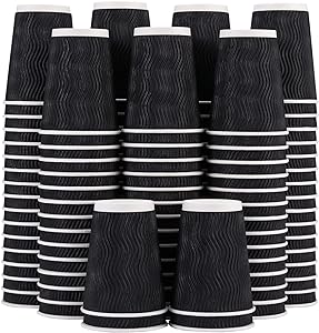 100 Count 12 oz Black Ripple Coffee Cups with Black Lids & Black Straws