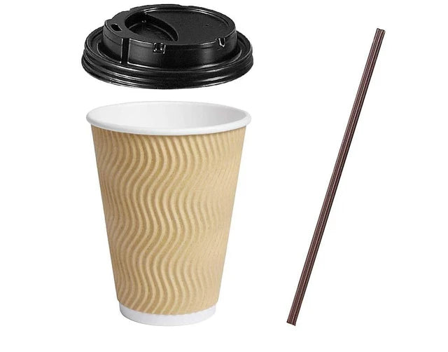 100 Count 12 oz Brown Ripple Coffee Cups with Black Lids & Black Straws