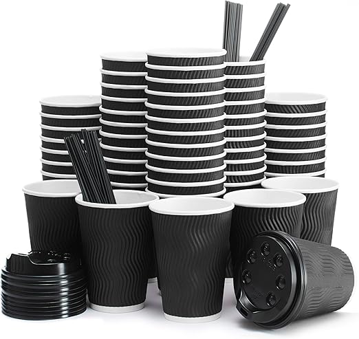 100 Count 12 oz Black Ripple Coffee Cups with Black Lids & Black Straws