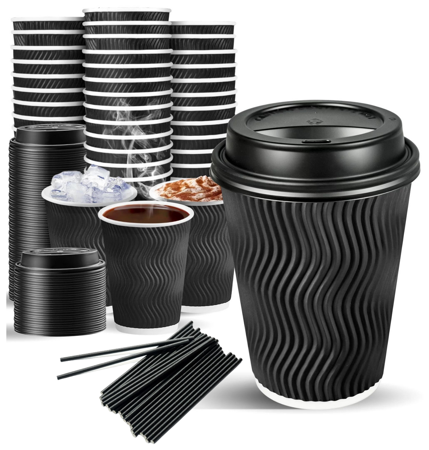 100 Count 12 oz Black Ripple Coffee Cups with Black Lids & Black Straws