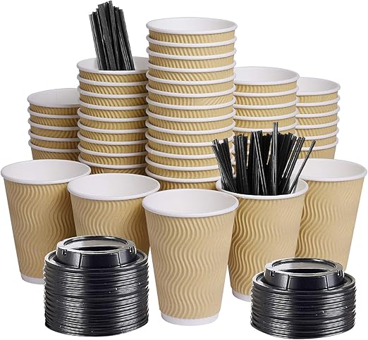 100 Count 12 oz Brown Ripple Coffee Cups with Black Lids & Black Straws